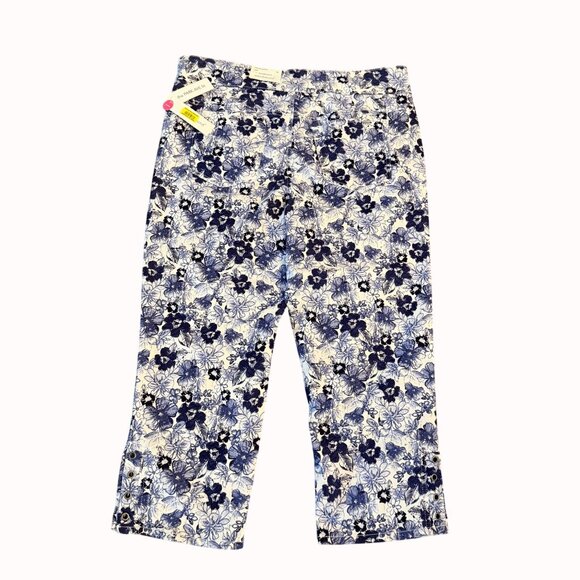Westbound Pull On Capri Pants Size 16 Mid Rise Blue White Floral Tummy Control - Picture 14 of 16